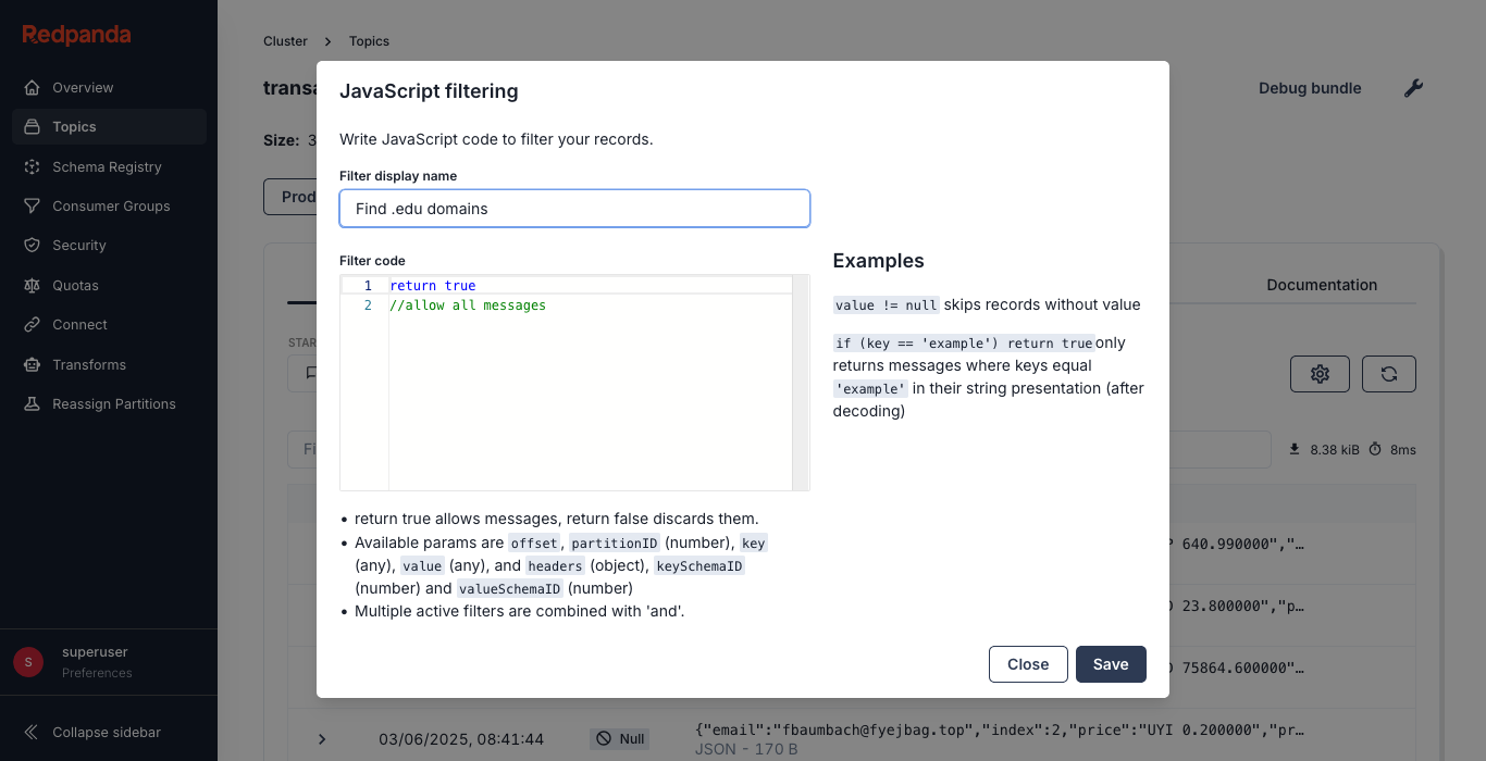 JavaScript filter in Redpanda Console